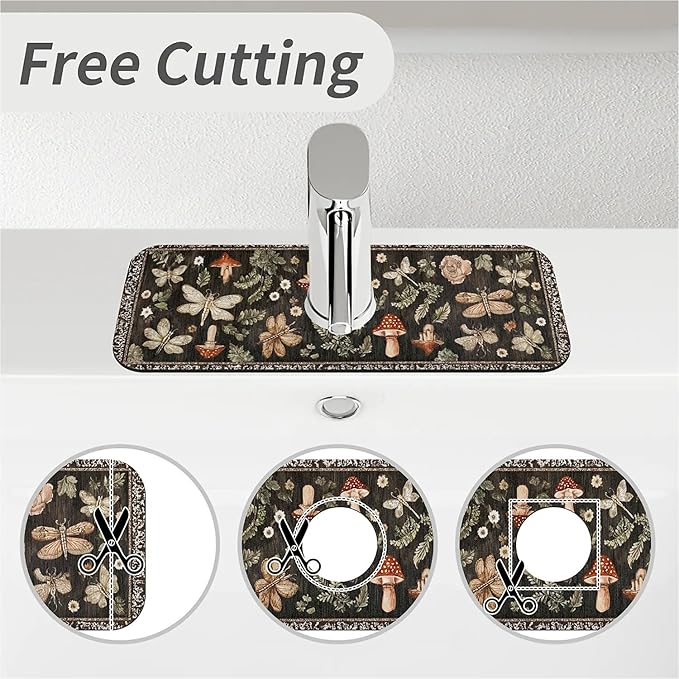 Kitchen Sink Splash Guard，Mushrooms dragonflies moths Faucet Mat Sink Gadgets-Super Absorbent Fast Drying Mat Drip Catcher for Kitchen, Bathroom,Sink Mat, Dish Drying Mat, Bathroom(15" X 5.5" )