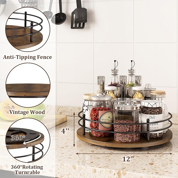 LIAISIMI 12" Lazy Susan Turntable Organizer,Round Wooden Lazy Susan Organization and Rotating Spice Rack for Dining Table,Pantry,Kitchen Countertop,Vanity,Cupboard and More. (Heightened Version,Round)