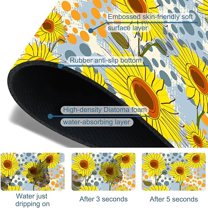 Watercolor Sunflowers Sink Faucet Absorbing Mat Sunflowers Polka Dots Super Absorbent Fast Drying Mat Sink Gadgets Behind Faucet Sinkmat for Kitchen Bathroom, 15.5"x5.5"