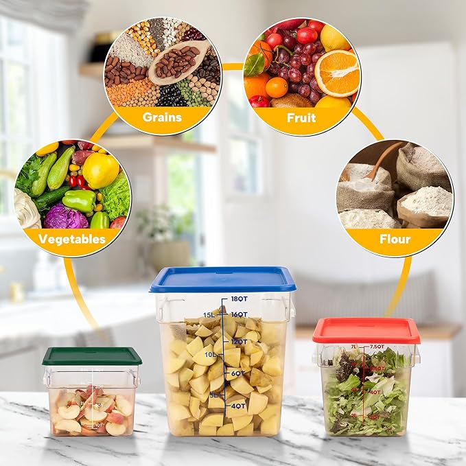 BIEAMA 4 Pack Food Storage Containers, 8 Quart with Lids, Square Commercial Containers with Scale, NSF, Polycarbonate, Clear
