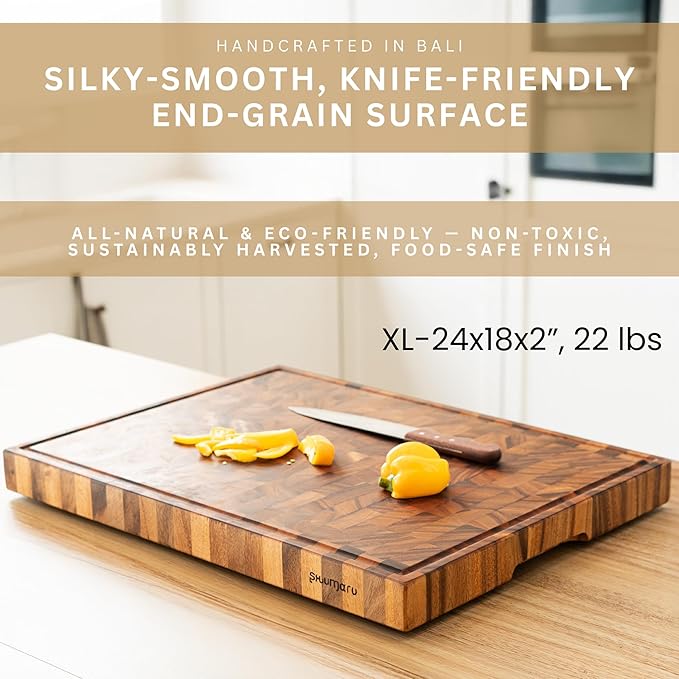 SHUMARU Tropical Walnut End-Grain Wood Cutting Board – XL 24x18x2" Butcher Block | Handmade in Bali - Silky-Smooth, Juice Groove, Knife‑Friendly, Ergonomic Grips & Non‑Slip Feet