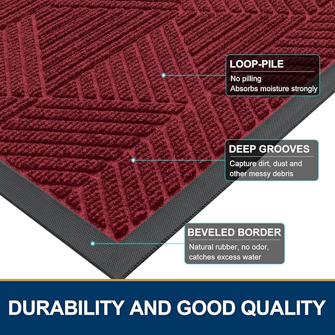 Smiry Front Door Mat Outside Entrance, Heavy Duty Sturdy Natural Rubber Doormat, Trap Dirt and Moisture, Easy Clean Low Profile Mats for Indoor Outdoor Entry, Irregular Triangle (71x47, Wine Red)