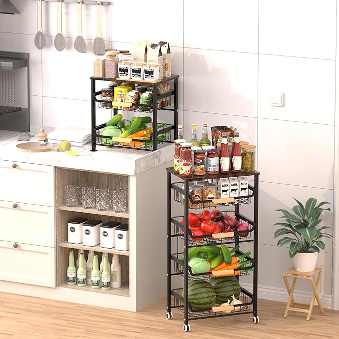 Fruit Vegetable Basket for Kitchen,5 Tier Pantry Organizer with Wheels,Snack cart with Wood Top,Metal Wire Storage Basket Organizer Baskets for Kitchen, Pantry, Bathroom