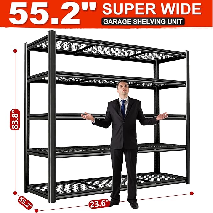 Extra Large 83.8" Hx 55.2" Widex 23.6" D Adjustable Industrial Metal/Steel 6-Shelf-Storage-Rack Heave Duty Utility Tall Garage/Warehouse Shelving Shelves Unit/System for Bin/Shed, Black