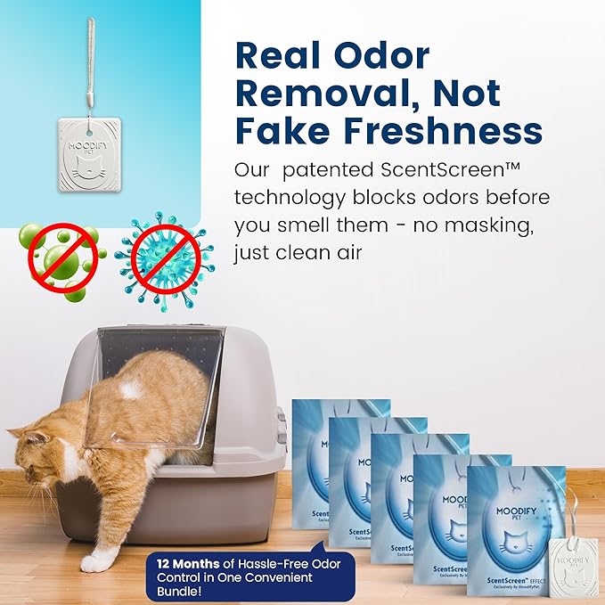 MoodifyPet Cat Litter Odor Pet Odor Eliminator For Home, 12-Pack – Hangable Odor Absorber with Patented ScentScreen Tech – Cat Scent Eliminator, Lasts Up To 30 Days, Safe for Pets & Kids