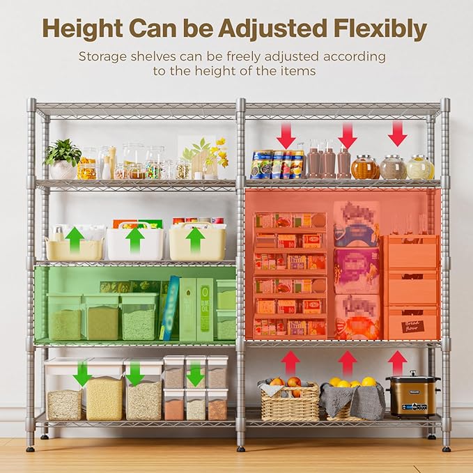 Himimi 5-Tier Wire Rack Shelving-2000LBS Capacity, Adjustable Metal Shelves for Storage, Heavy Duty Storage Shelves for Kitchen, Garage, Pantry, 72" W x 18" D x 72" H, Silver Grey