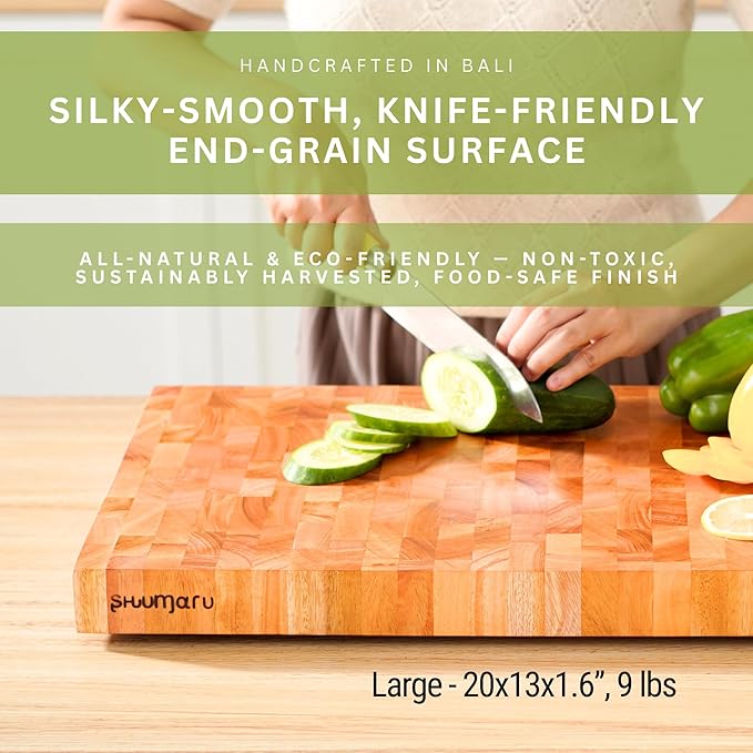 SHUMARU Mahogany End-Grain Wood Cutting Board – 20×13×1.6″ Butcher Block | Handmade in Bali – Silky-Smooth, Knife‑Friendly, Ergonomic Grips & Non‑Slip Feet