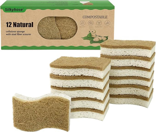 12 Pack Natural Kitchen Sponges, Biodegradable & Compostable | Non-Scratch Cellulose Coconut Fiber Sponges for Dishes, Pots & Pans | Eco-Friendly Cleaning Sponge