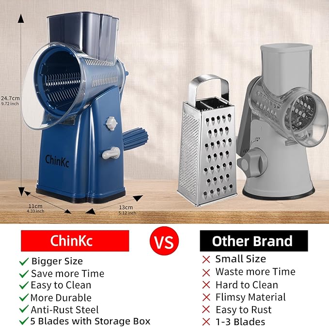 ChinKc Upgrade Rotary Cheese Grater Shredder with Handle, Strong Suction Base, Multi-purpose Rotary Grater Slicer with 5 Interchangeable Blades for Ice, Vegetables, Fruit, Nuts with Blade Storage Box