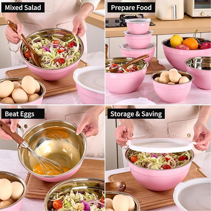 LKTDYMEG Pink Mixing Bowls with Lids Set of 7, Stainless Steel Nesting Bowl with Khaki Lid for Non-slip Mixing Prepping Storing Serving, 7 Sizes-7/3.6/2.7/2.1/1.5/1/0.8 QT