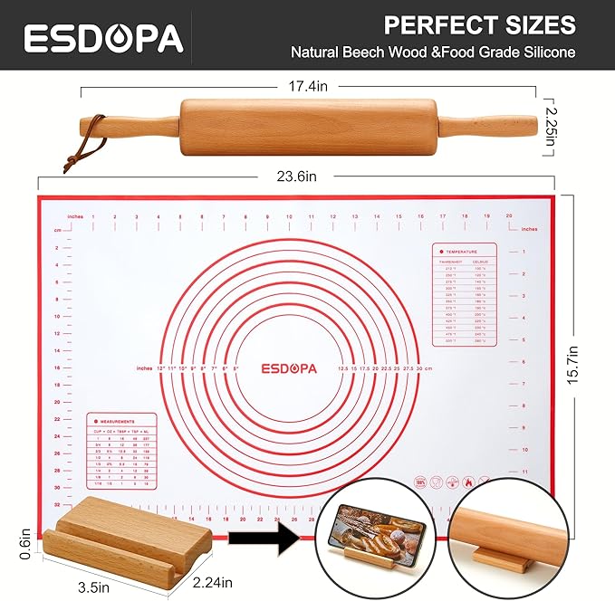 ESDOPA Classic Wood Rolling Pin - Wooden Rolling Pins for Baking Silicone Mat Set, Dough Roller with Wood Base, Fondant Roller for Pie Crust Cookies Pizza Dough and Bread, 17 Inch