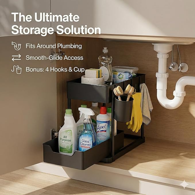 Under Sink Organizer – 2 Tier Sliding cabinet organizer with 4 Hooks & 1 Cup | Multi-Purpose Space Saving Shelf for under kitchen sink storage, Countertop, Bathroom, Pantry & Office Organization
