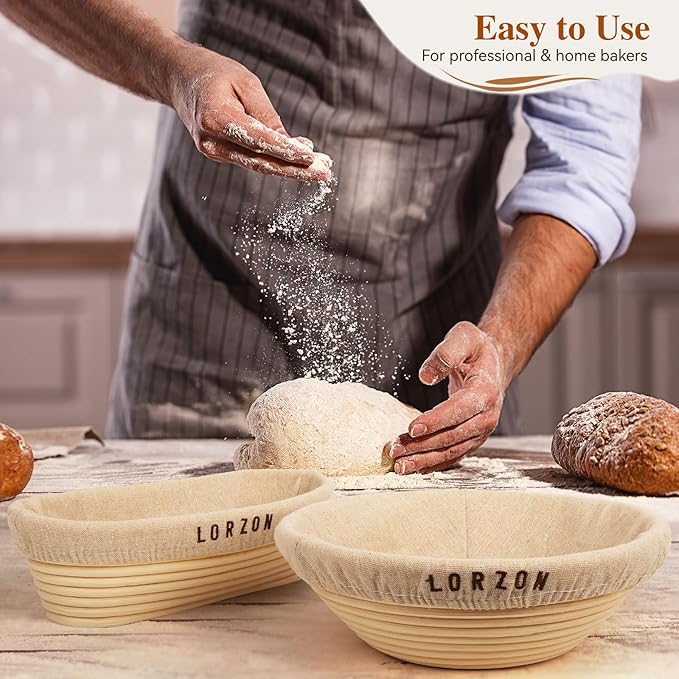 Lorzon Banneton Bread Proofing Baskets Set of 2, 11" Round & 12" Oval Sourdough Proofing Baskets with Sourdough Bread Baking Supplies, Bread Making Kit