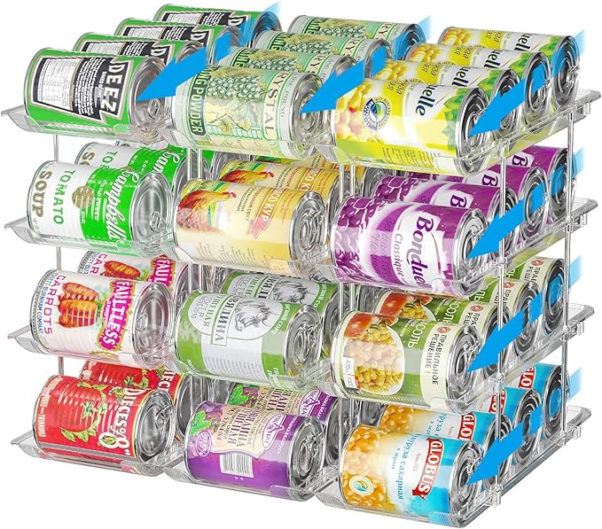 Can Organizer for Pantry Stackable 4 Tiers Can Storage Organizer Pantry Soda Can Organizer for Fridge 48 Cans Rack Automatic Rolling Canned Food Organizer for Refrigerator Kitchen Clear