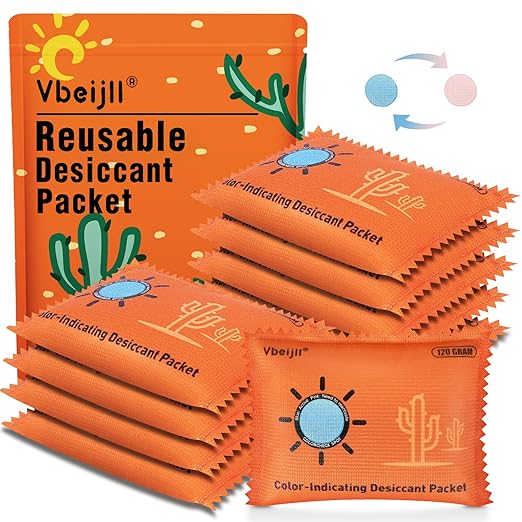 120 Gram (10 Pack) Color-Indicating Desiccant Packs for Storage, Rechargeable Silica Gel Packets, Moisture Absorbers for Gun Safe, 3D Filaments, Cars, Safe, Electronics, Toolboxes