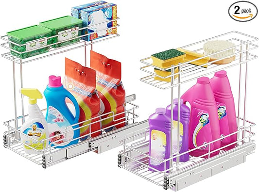 STORKING Under Sink Organizer 9" W X17 D, Pull Out Cabinet Organizer 2 Tier, Under Sink Slide Out Chrome Plated, Under Kitchen Bathroom Sink Organizer, Pantry Cabinet Closet Organization Rack, 2 Pack
