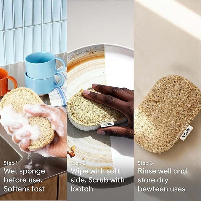 Vove | Premium Natural Kitchen Sponge | Non Scratch | Long Lasting | Waste Free | Compostable Sponge Kitchen | Natural Fiber | Eco-Friendly | Eartch Friendly | Vegan | 4 Pack