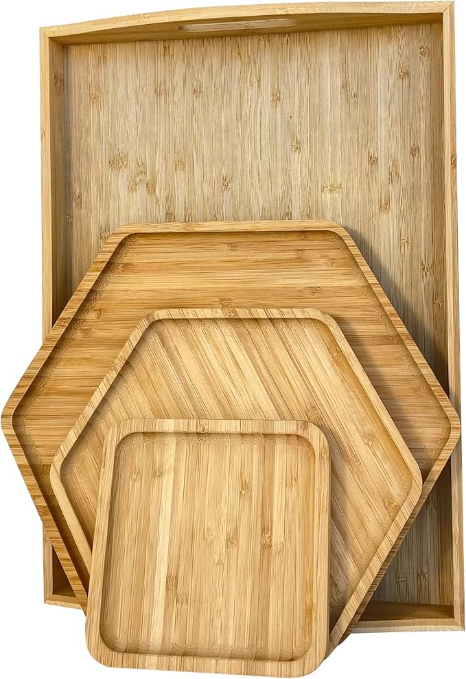 PAFREWOG Bamboo Serving Trays Cutting Boards 16.5"x11.8"（42x30cm with Handle, Set Includes 0.63"(1.6cm) Thick Plates 1xHexagon 12.5"(32cm)+1xHexagon 9.8"(25cm)+1xSquare 5.9"(15cm) for Family Dinner