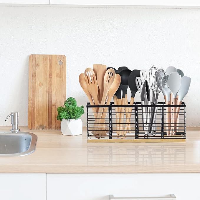 Suli Extra Large Kitchen Utensil Holder with 4 Compartments，Matte Black Metal holder with Wooden Base for Kitchen Countertop，Farmhouse Cooking Utensil Storage, Rustic Cooking Utensil