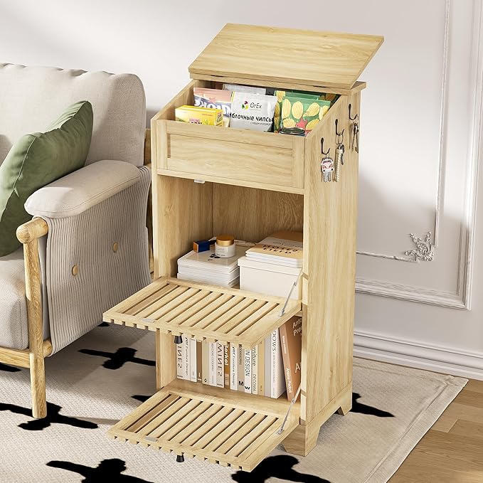 Potato Storage Bins, Farmhouse Wood Potato and Onion Storage Bins, Fruit and Vegetable Box, Food Small Kitchen Pantry Cabinet for Snack, Boho Large Wooden Bread Box, Magnetic Flip-top, 3 Tier