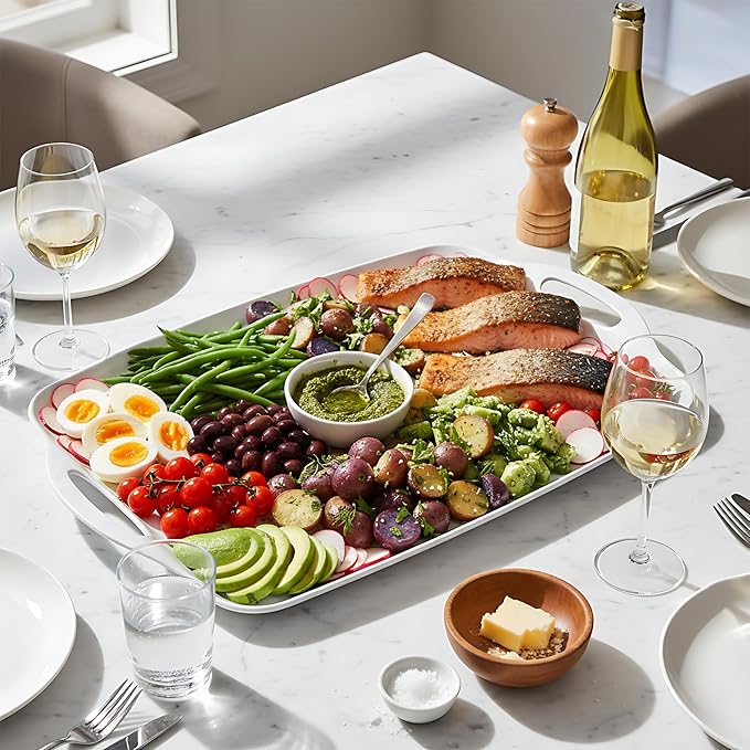 TP Large Serving Trays with Handles, 19" x 12" Melamine Serving Platters for Food, Turkey, Set of 2 Rectangular Trays for Party, Pure White