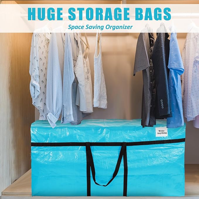 Windyun 4 Pack 69 Gallon Extra Large Moving Bags XXL Heavy Duty Storage Bag with Strong Zipper Handle Jumbo Big Tote Box Foldable for College Dorm Travel Clothes Duffle Blanket Pillow(Lake Blue)