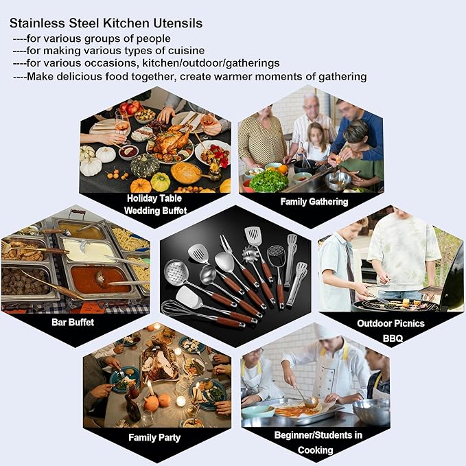 NIITAWH Kitchen Utensils Set Stainless Steel with Wooden Handle,Metal Cooking Utensils Set 12 PCS,Spatulas,Ladle,Skimmer,Tunners,Spaghetti Spoon,Fork,Potato Masher,Egg Whisk,Tongs