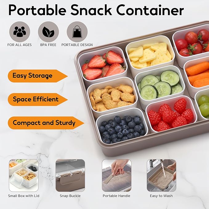 Snackle Box Container for Adults with 9 Compartment, Divided Serving Tray Snack Box Containers with Lid and Handle, Charcuterie Boxes Portable Snack Platter for Fruit Veggie Party Travel, Brown