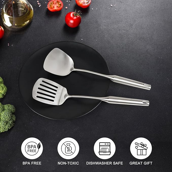 2pcs Metal Kitchen Utensils Set 18/10 Stainless Steel Utensils Set for Cooking, Heat Resistant Wok Tools Set for Chef