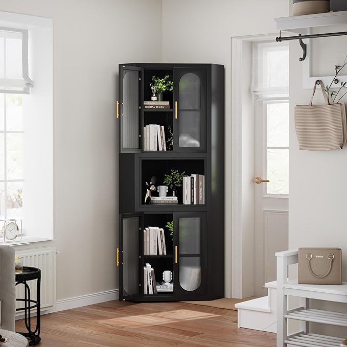 pozdeg 64" Tall Metal Corner Storage Cabinet with Acrylic Glass Doors ＆ Open Display Storage Shelves, Farmhouse Corner Pantry Storage Cupboard for Kitchen, Laundry Room, Bathroom or Bedroom (Black)