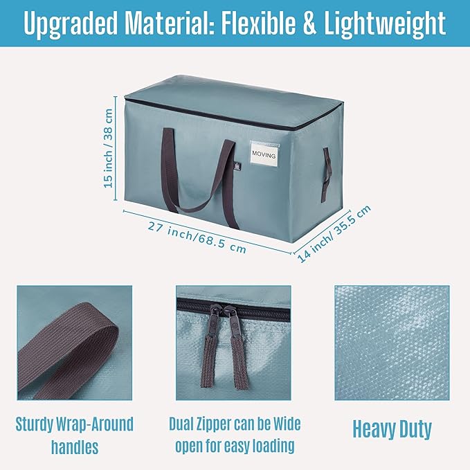 VENO 16 Pack Moving Bags, Upgraded Heavy Duty, Moving Boxes Alternative, Packing Storage Supplies for Dorm Room Essentials with Zipper for Clothes, Large Totes for Packaging (Light Blue, 16 Pack)