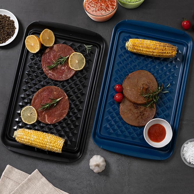 ZAROCRUS Melamine Grilling Prep and Serve Trays, Set of 2 Melamine Rectangular Serving Trays/Platters with Handle for Outdoor Parties and BBQ, Dishwasher Safe Food Tray,17''x10.5''. Blue and Black