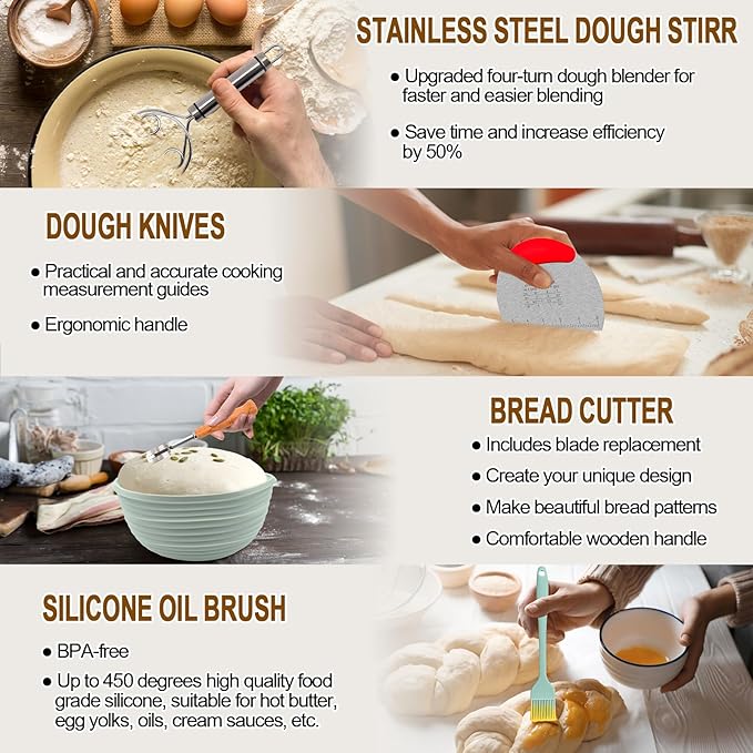 Clakioom Banneton Bread Proofing Basket Sourdough Starter Kit, 34oz Sourdough Jar, 2 Silicone Proofing Bowls, Bread Sling Mat, Silicone Spatula, Dough Whisk, Complete Bread Making Kit (GREEN)