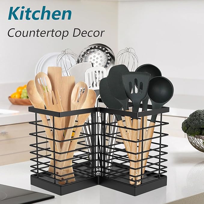 Suli Extra Large Kitchen Utensil Holder with 3 Compartments，Matte Black Metal Corner Kitchen Caddy for Countertop，Farmhouse Rustic Cooking Storage-Black
