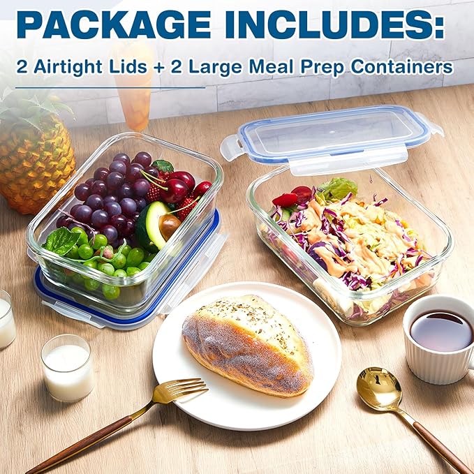 2 Set 8 Cup Large Glass Storage Containers Airtight 63 oz Food Bento Boxes Sets with Lids Kitchen Storage Containers Glass Cookie
