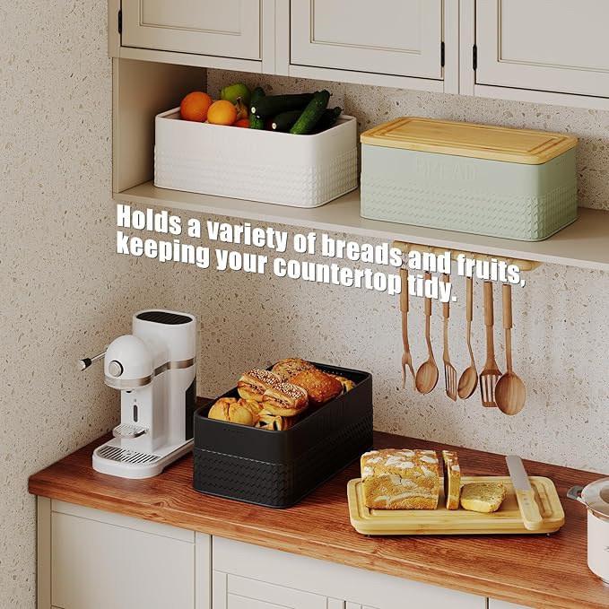Furshus Bread Box for Kitchen Countertop,Metal Bread Storage Bin with Bamboo Cutting Board Lid, Includes Bread Knife, Fits Sourdough & Buns, Stylish Organize (Black)