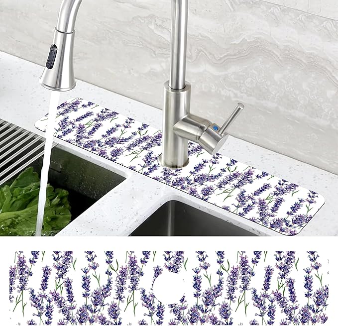 Watercolor Lavender Bunches Kitchen Sink Splash Guard Mat Absorbent Fast Drying Mat Faucet Draining Mat Sink Splash Guard Behind Faucet Drip Catcher for Kitchen Bathroom 5.5"×24"
