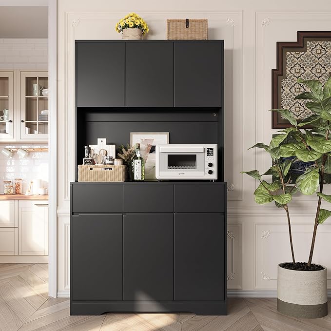 NBYSGO Tall Pantry Cabinet with LED Lights & Charging Station, Modern Kitchen Hutch with Microwave Stand, Storage Drawers & Shelves for Dining Room or Living Room – Black