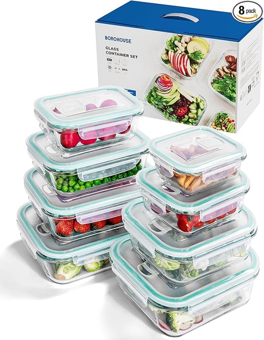BOROHOUSE 8-Piece Borosilicate Glass Food Storage Containers Set with Airtight Lids – Oven, Microwave & Freezer Safe, Leak-Proof, BPA-Free – Baking, Meal Prep & Gift Box