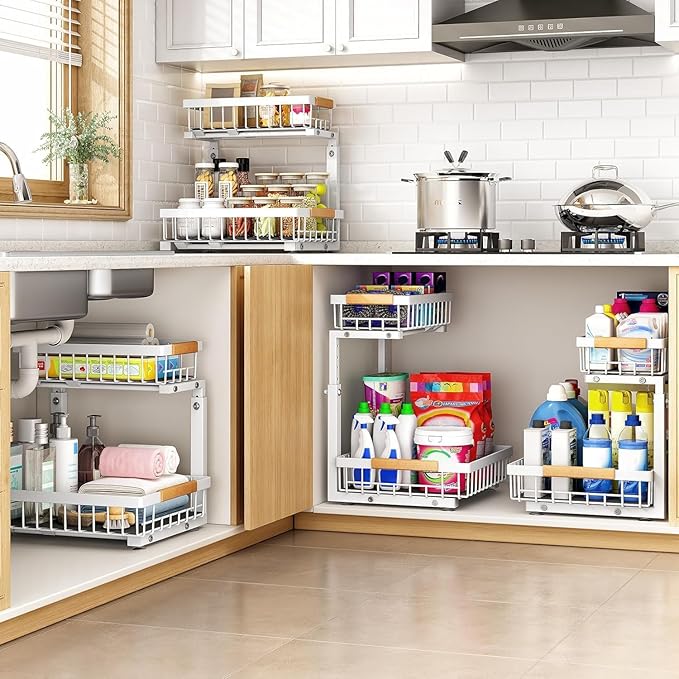 PXRACK Under Sink Organizer, Adjustable Height, 2 Tier Pull Out Under Cabinet Organizer, Slide Out Thickened Metal Under Sink Storage for Kitchen Bathroom Laundry Pantry Cabinet,1-Pack, White