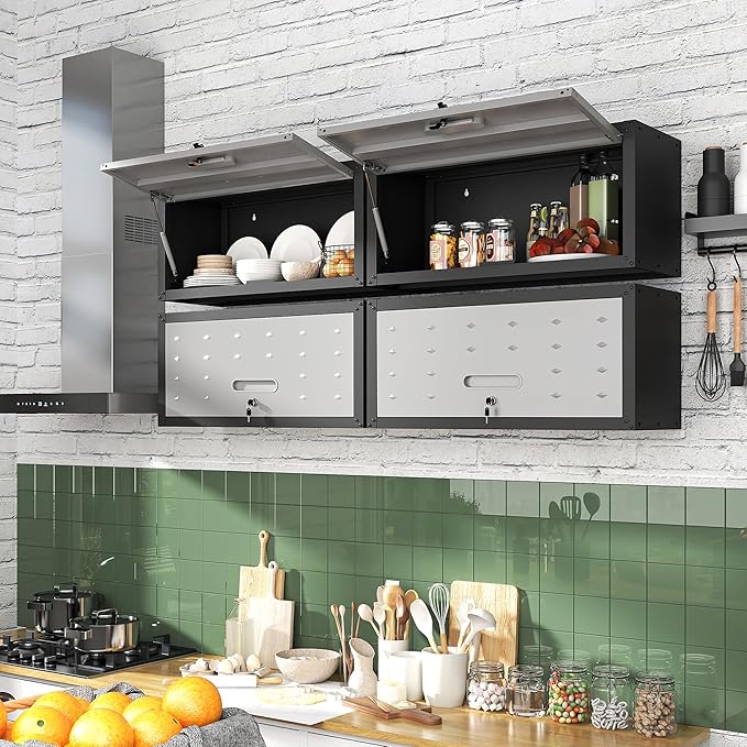 BIZOEIRON Garage Wall Cabinet with Flip-Up Door, Lockable Metal Storage Cabinet Wall Mounted, Hanging Tool Cabinet for Garage Basement Utility Room (Black &Grey)