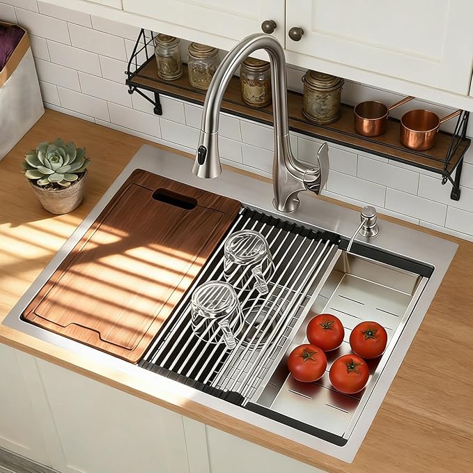 33x22 Drop in Kitchen Sink, 304 Stainless Steel Top Mount Workstation Sink, 16 Gauge Single Bowl Kitchen Sinks with Accessories for Kitchen Laundry Utility