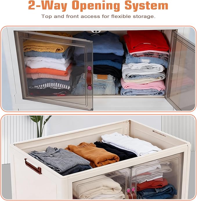FAHKNS 120Gal/480Qt Stackable Storage Bins, Collapsible Storage Bins with Lid, Extra Large Closet Organizers and Storage with Transparent Door, Suitable for Home Bedroom or Kitchen, White
