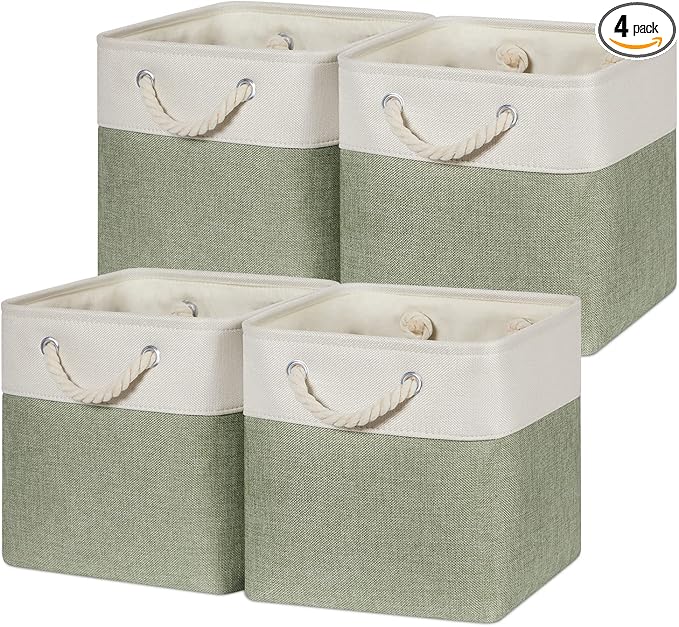 Temary Cube for Shelves 11 Inch Bin 4Pack Fabric Storage Baskets for Organizing Toys, Clothes, Decorative Baskets with Rope Handles (White&Green)