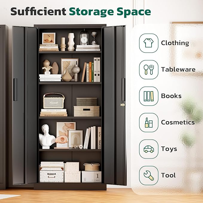 Greenvelly Metal Cabinet, 63”Tall Kitchen Pantry Storage Cabinets with 2 Lock Doors and 4 Adjustable Shelves,Black Kitchen Cabinet Storage for Dinning Room,Garage,Office