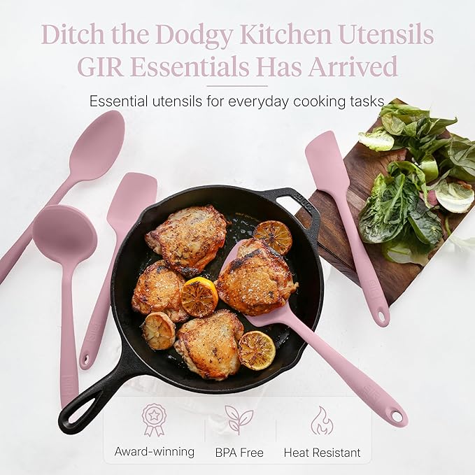 GIR: Get It Right - 5 Piece Essentials All Purpose Set - Ladle, Spatula, Flip, Spoon & Spoonula, Non-stick, Heat Resistant, Dishwasher Safe, Kitchen Utensils, Baking Supplies - Rose