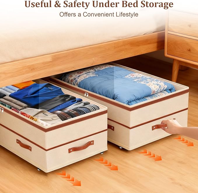 Dolicer 4 Pack Under Bed Storage with Wheels, 6in-10in Height Adjustable Underbed Storage Containers, 92L XXXL Under Bed Drawers Rolling Bin with Clear Lids for Dorm Shoes Clothes Organizers(Beige)