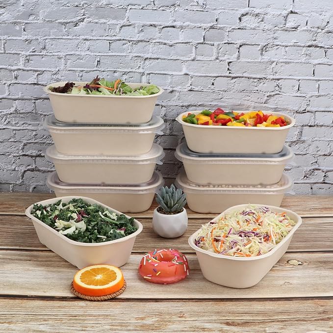 JAYEEY 34 oz Disposable salad bowls with lids, Sugarcane Fiber Paper Bowls take away food containers meal prep food storage deli container 50 Pack