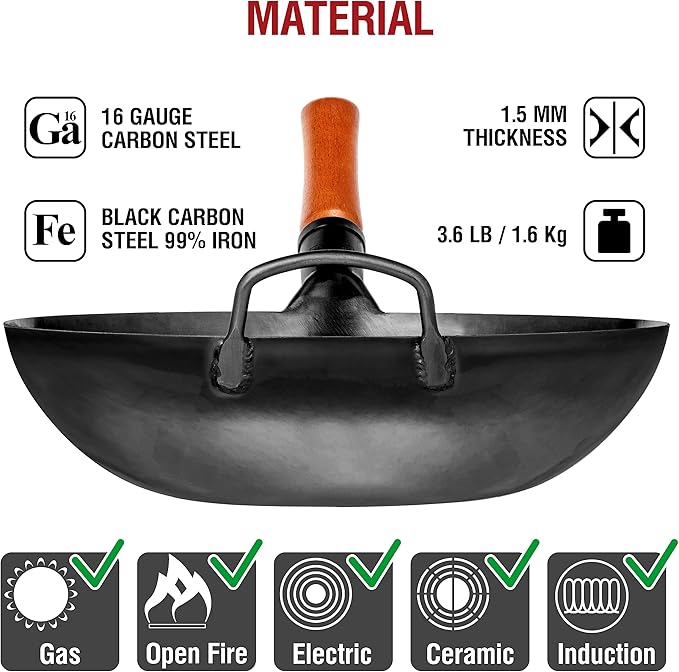 YOSUKATA Carbon Steel Wok Pan – 13,5 “ Stir Fry Pans PLUS 17" Wok Spatula and Ladle Skimmer Spoon - Stainless Steel Cooking Utensils Set