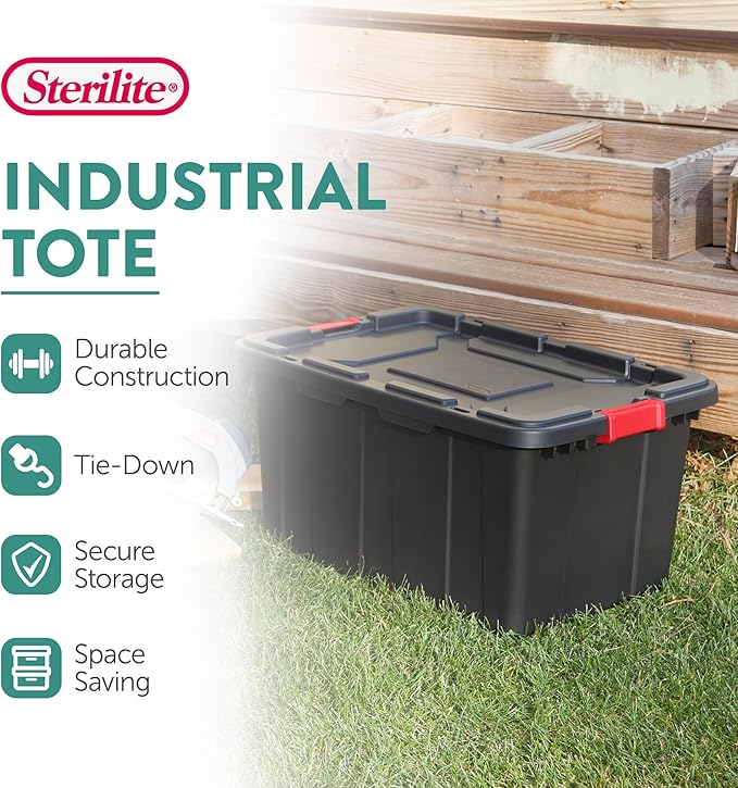 Sterilite 12-Pack Industrial Tote, Plastic Storage Bins with Lids, 27 Gallon, Black - Heavy-Duty Organizing Containers for Closet, Bathroom, and Office